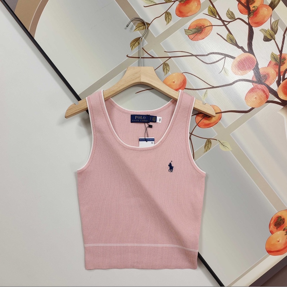Polo by Ralph Lauren Pink Ribbed Tank with Navy Pony and White Trim